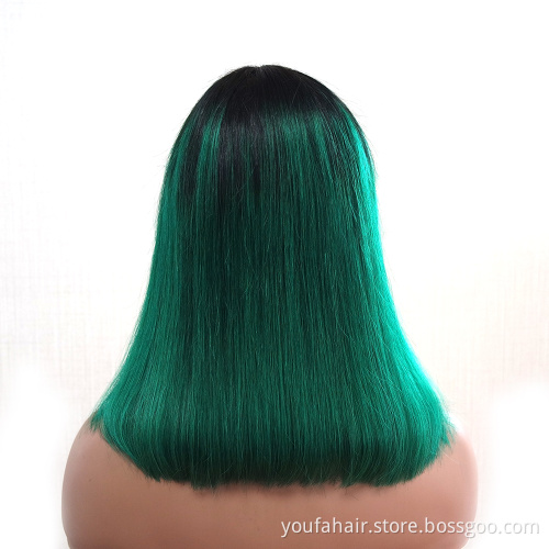 Dropshipping Brazilian Human Virgin Hair Bob Wig Ombre Color 1b Green Machine Made Short Bob Wigs with Bangs for Black Women